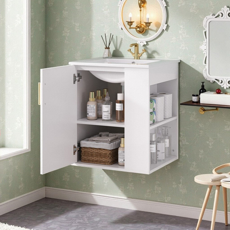 Meuble-lavabo mural de 20 po avec lavabo en céramique, armoire de rangement latérale et porte à fermeture en douceur