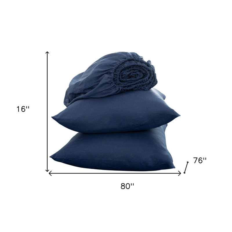 Four Piece Navy Blue Linen King Sheet Set, King Sheet Set + 2 Pillowcases