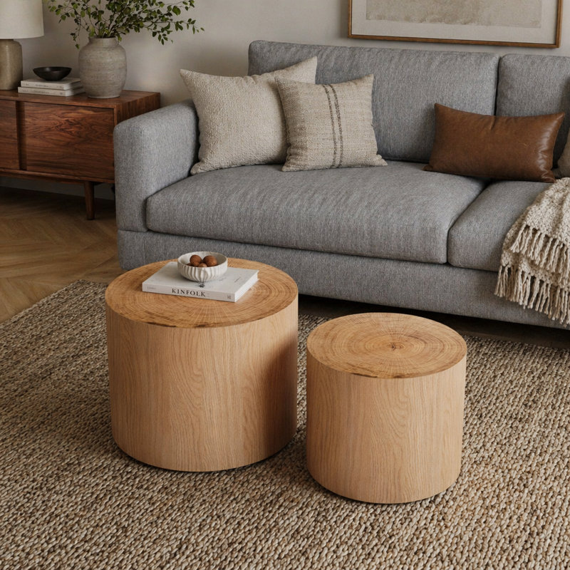 Ensemble de 2 tables basses gigognes rondes, table d'appoint en forme de souche d'arbre, sans assemblage, table d'appoint rustique à grain de tourbillon naturel pour le salon, décor de maison de campagne moderne Wabi-Sabi