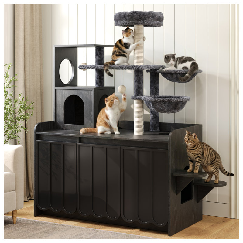 Arbre à chat noir 50,6 po avec bac à litière, poteaux à griffer en sisal et tablettes de rangement