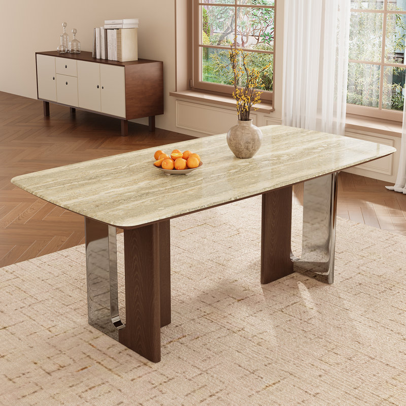Table de salle à manger rectangulaire 63 "pour 4-6, table de cuisine en pierre moderne avec pieds en bois et acier, Beige