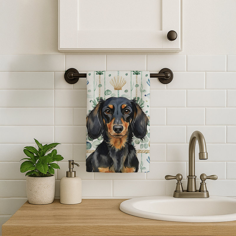 Longhaired Black and Tan Dachshund Coastal Sea Glass Kitchen Towel, Longhaired Black and Tan Dachshund