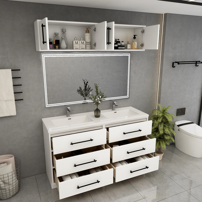 Meuble-lavabo autoportant de 60 po avec dessus double en acrylique renforcé Victoria, Blanc lustré