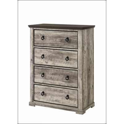 Commode contemporaine à quatre tiroirs rustique avec finition bicolore grise et poignées en métal pour le rangement de la chambre à coucher