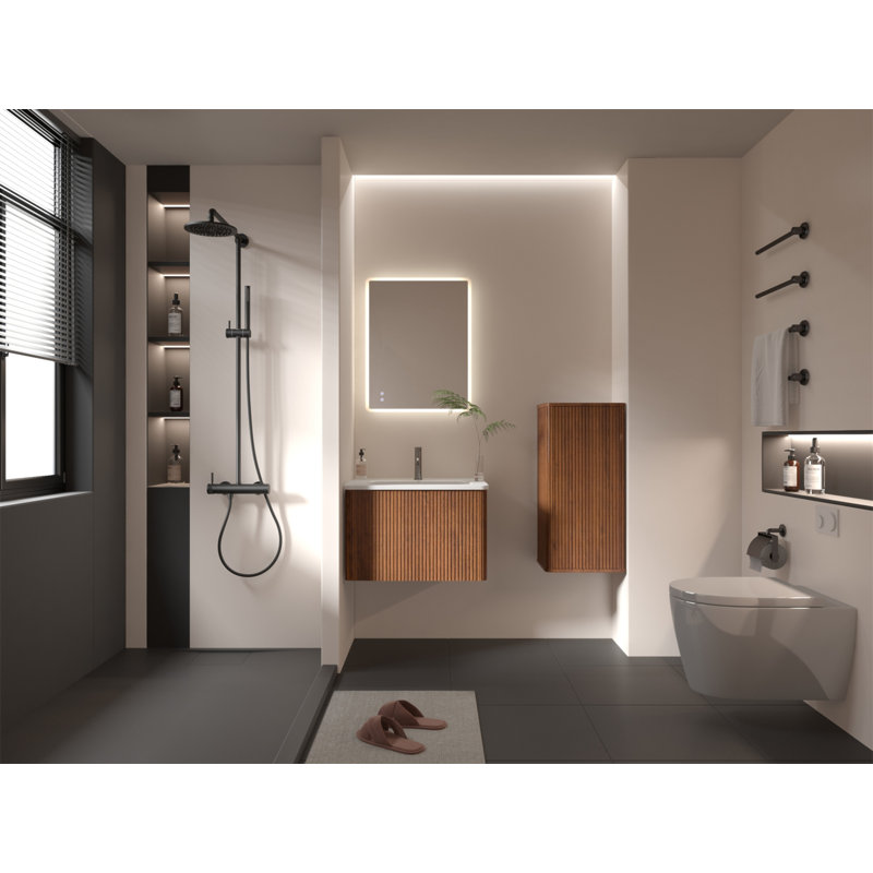 CC0414S305 Armoire latérale flottante rayée pour salle de bain, rangement mural pour petits espaces, pré-assemblée, Noyer