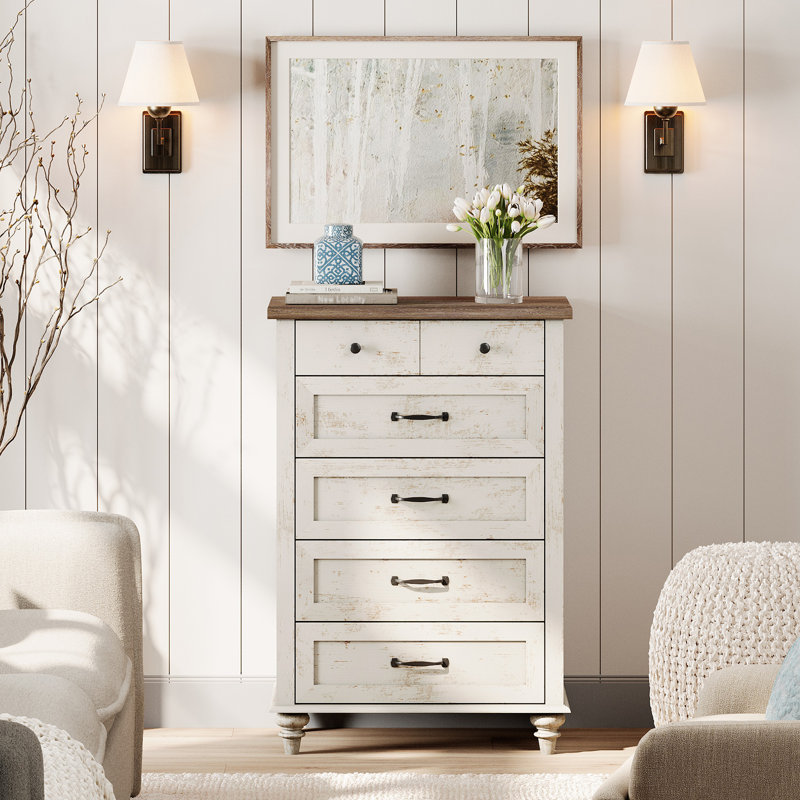 Commode à 5 tiroirs Scarlett Kids, Blanc antique