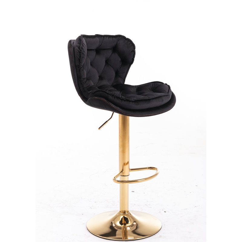 2 tabourets de bar, hauteur de levage mécanique réglable, repose-pieds et base, velours + pieds dorés, chaise de mode noire réglable, tabouret élégant