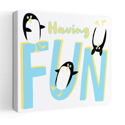 Penguins Having Fun Playful Whimsical Contemporary Bird Penguin Wall Art Print by Carla Daly - Wrapped Canvas Print