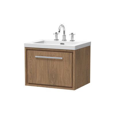 Hudson Reed Lille 600mm Antique Oak 1 Drawer  Wall Hung Vanity Unit With 3 Tap Holes Fireclay Basin