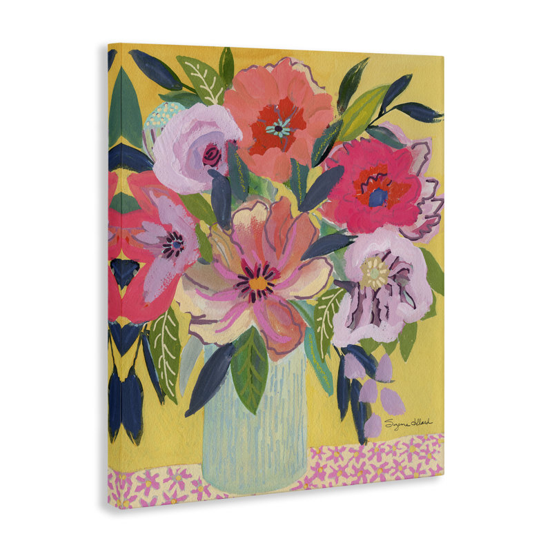 Bouquet rose vif sur toile jaune, design par Suzanne Allard, H 30 po x l 24 po