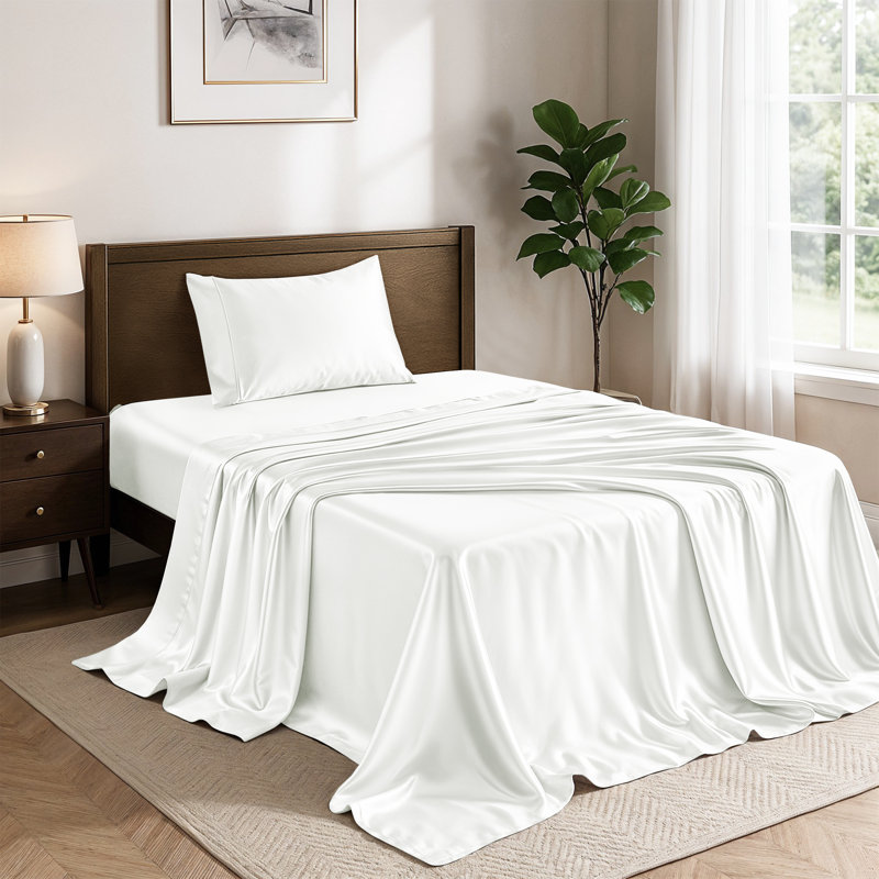Lux Decor 4-Piece Satin Sheets 100% Polyester Luxury Silky Soft Woven Fabric Deep Pocket Fitted Sheet, White