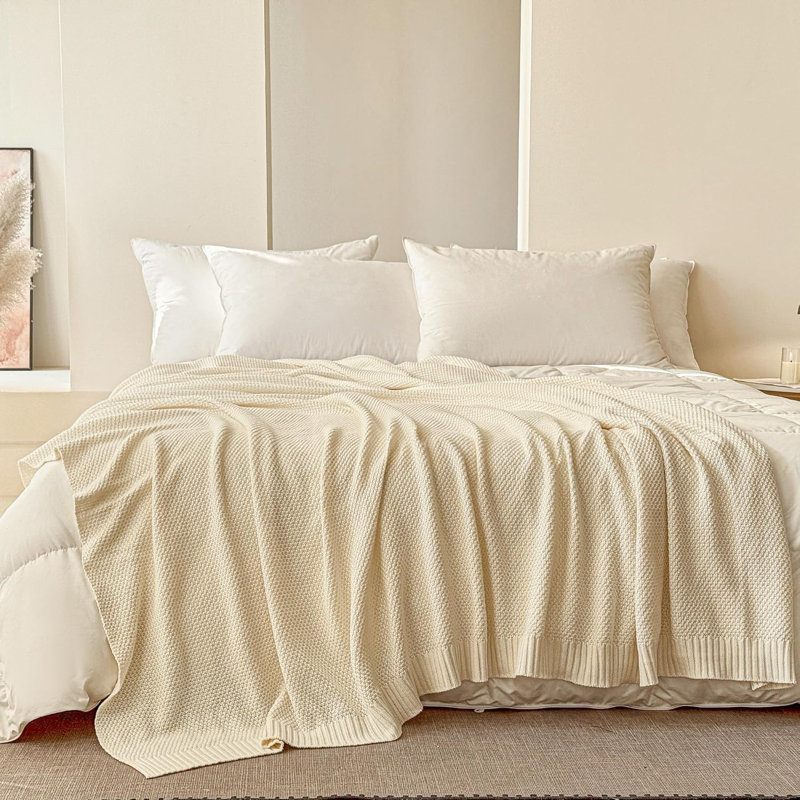 Jeté 100% coton, couverture tricotée par câble de couleur unie super douce, confortable, respirante, décorative, pour canapé-lit, toutes saisons
