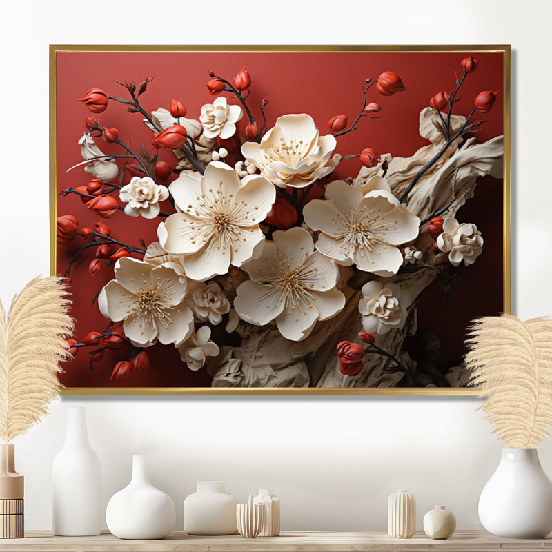 Orchidée blanche et rouge, branches de fleur V - art mural floral abstrait, Cadre flottant doré, H 24 po x l 32 po x P 1 po
