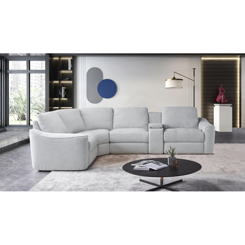 Upholstered Power Motion Modular 5-Piece 3-Recliner L-Sectional, Wireless Charging Storage Console, Silver Gray Polyester