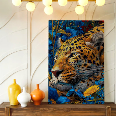Portrait de léopard, reproduction d'art sur toile florale bleue