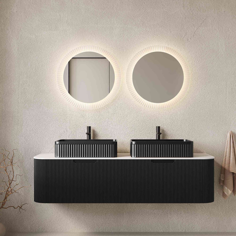 Meuble-lavabo de salle de bain 60 po avec lavabo, armoire de rangement murale rayée à bords arrondis avec 2 tiroirs, 2 lavabos rectangulaires noirs en céramique, sans robinet, pré-assemblé