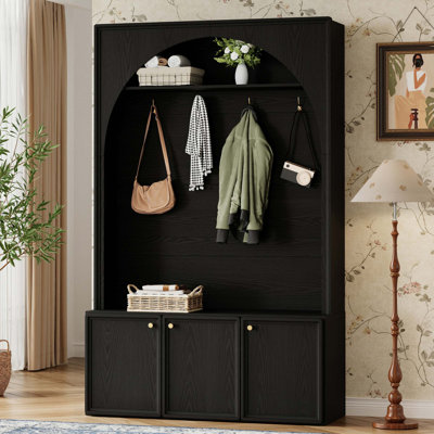 Arbre d'entrée tout-en-un Farmhouse avec tablettes réglables, banc de rangement, 3 armoires, porte-manteau en bois avec 4 crochets dorés pour vestibule, couloir
