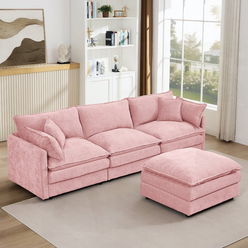3-Seater Comfy Cloud Couches With Movable Ottoman, Pink