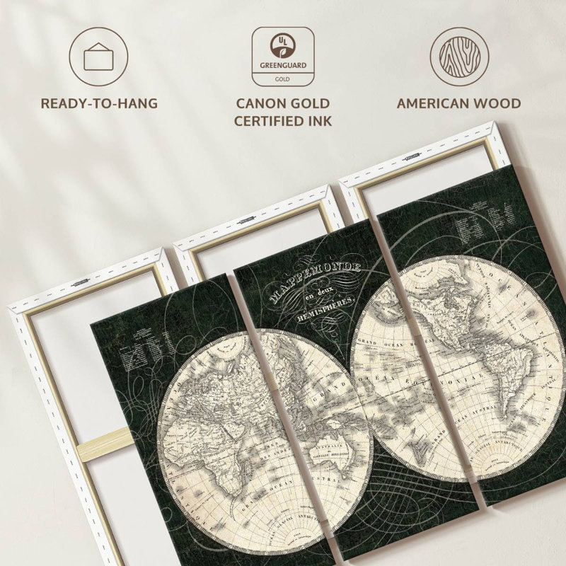 «French World Map Black and White» sur, H 36 po x l 57 po x P 1,25 po