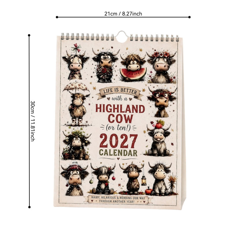 Calendrier mural surprise 2027 avec vache, style vintage, idéal pour décorer la maison ou le bureau.