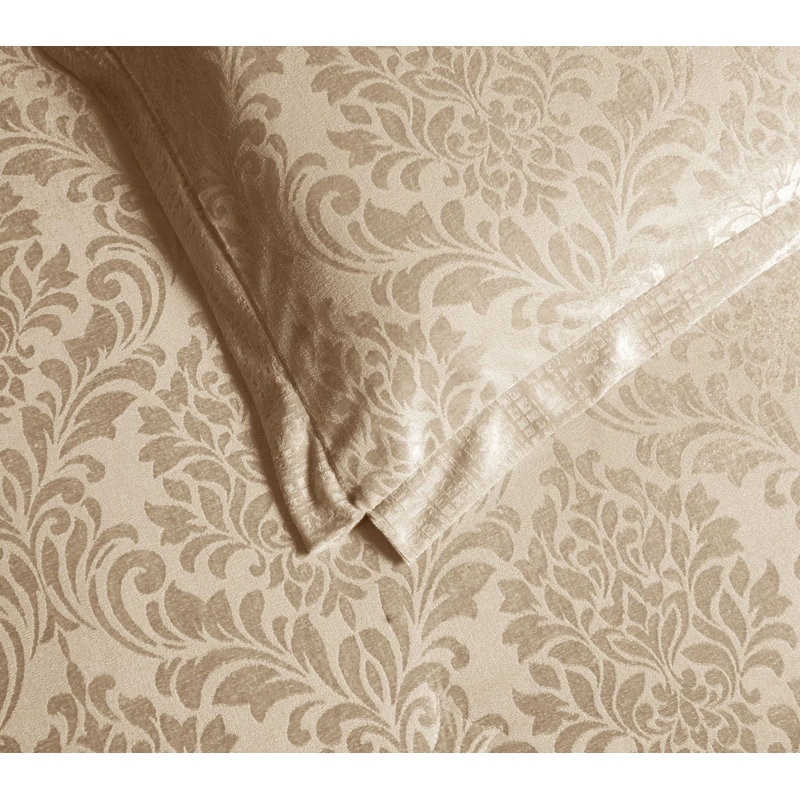3 Piece Velvet Damask Jacquard Bedspread Reverse Microfibre Bed Throw 2 Matching Pillow Shams, Beige