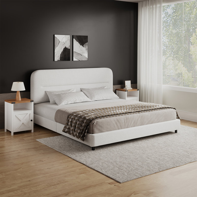 3 Piece Upholstered Bedroom Set,Bed Frame With Set Of 2 Nightstands, White/White, King