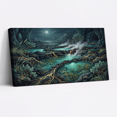 Moonlit Volcanic Landscape with Glowing Gold Veins Canvas Wall Art