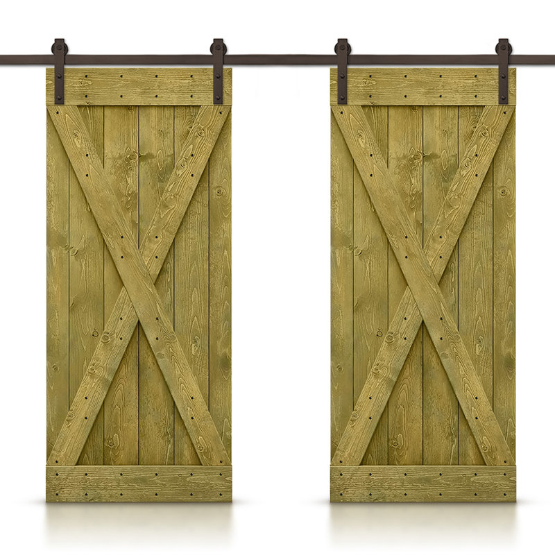 Porte de grange en bois massif lambrissé et métal, 40 po x 84 po, Vert jungle