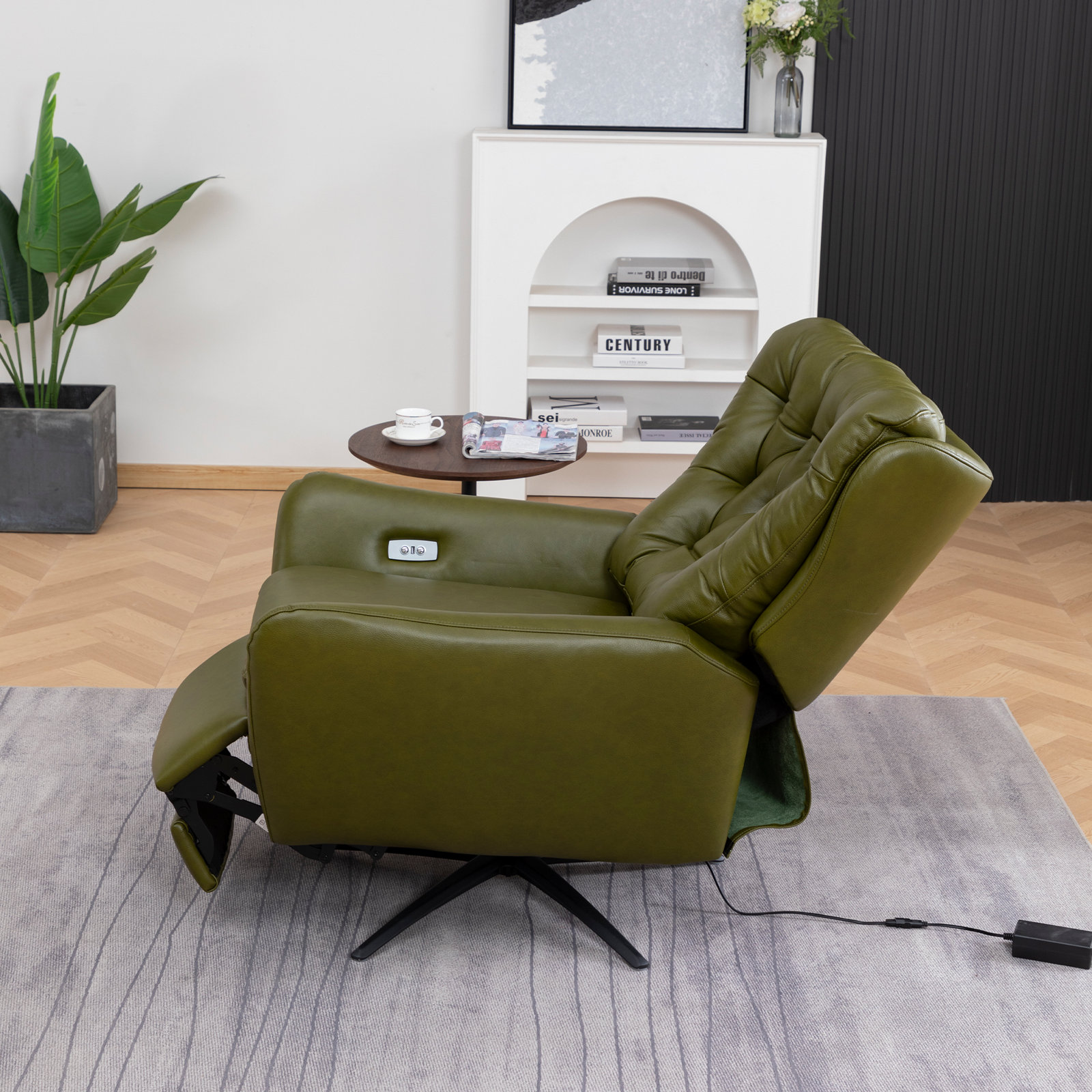 Harrington 31" Genuine Leather Swivel Power Recliner, Olive Green