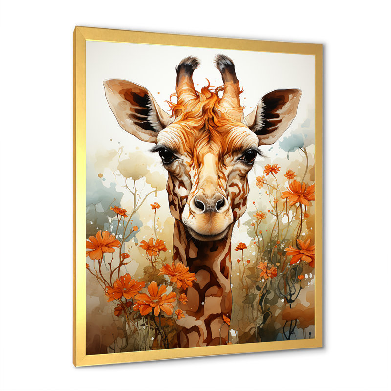 Adorable girafe dans un champ de fleurs sur toile, H 32 po x l 24 po x P 1 po, Cadre doré simple