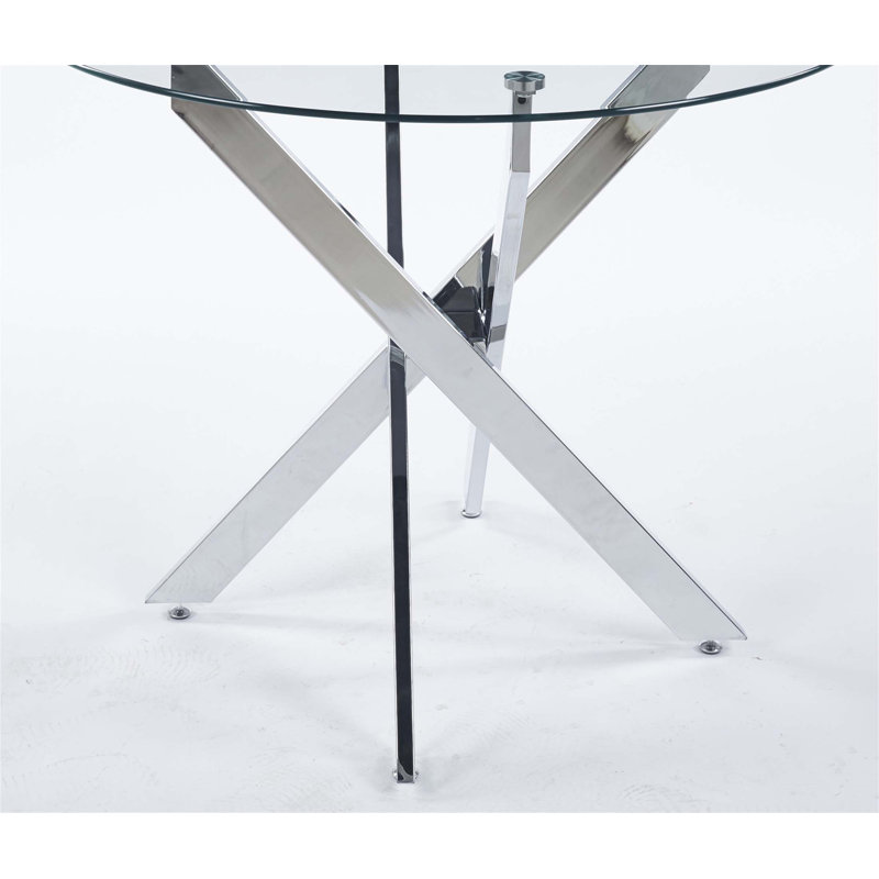 Table de salle à manger moderne en verre trempé avec pieds croisés en métal, longueur réglable pour un salon polyvalent
