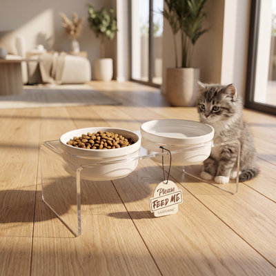 Mangeoire surélevée transparente moderne pour animaux de compagnie avec bols en céramique blanche (11,4'' L x 5,5'' P x 3,9'' H)