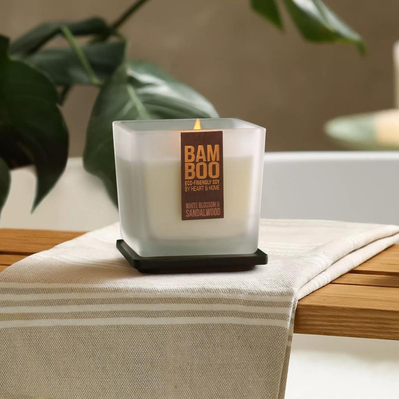 Bamboo Everyday Plant / Floral Scented Jar Candle with Glass Holder - White Blossom & Sandalwood, 8.10" x 6.50" Jar, 573 Jar