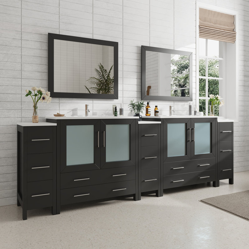 Brescia 108" Double Sink Freestanding Bathroom Vanity with Ceramic Top and Matching Mirrors, Espresso