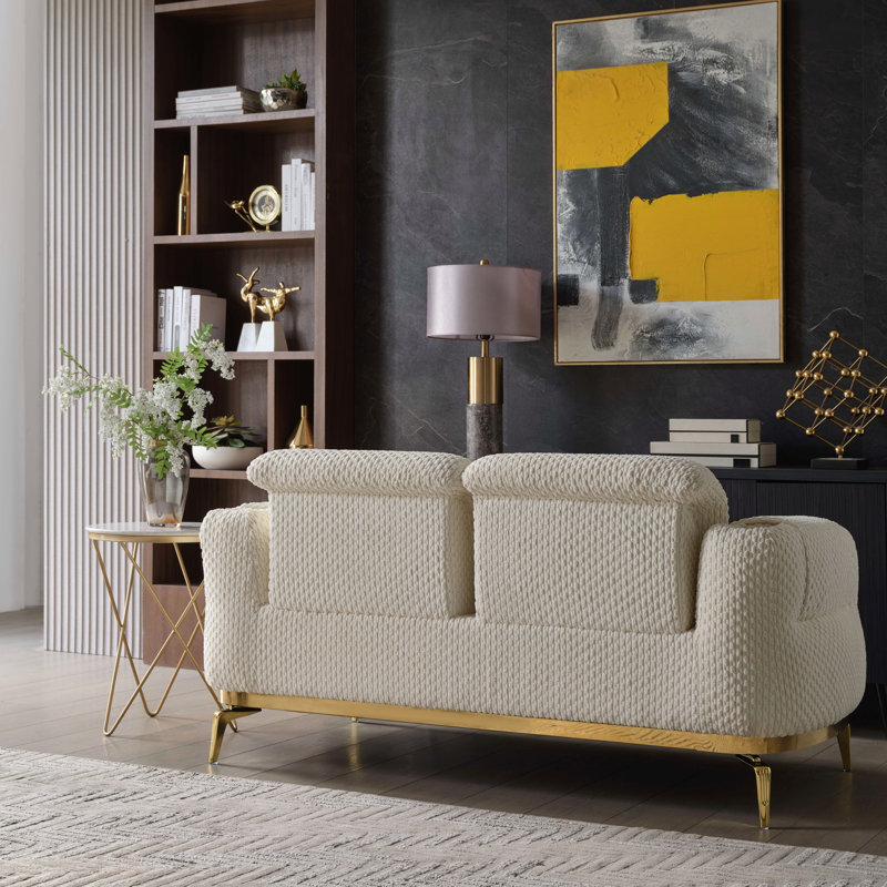 Causeuse de style moderne faite de bois et d'accents dorés, Crème, crème