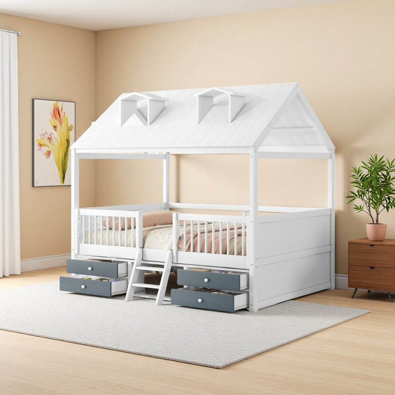 Structure de lit en bois, Blanc / Gris, Lit double