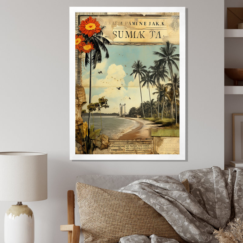 Collage rétro de palmiers de Floride et plage I sur toile rétro, H 32 po x l 24 po x P 1 po, Cadre simple blanc