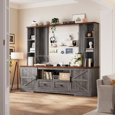 Farmhouse Entertainment Center For 55 Inch Tv, With 2 Led Lights, Power Outlets & Storage Shelf