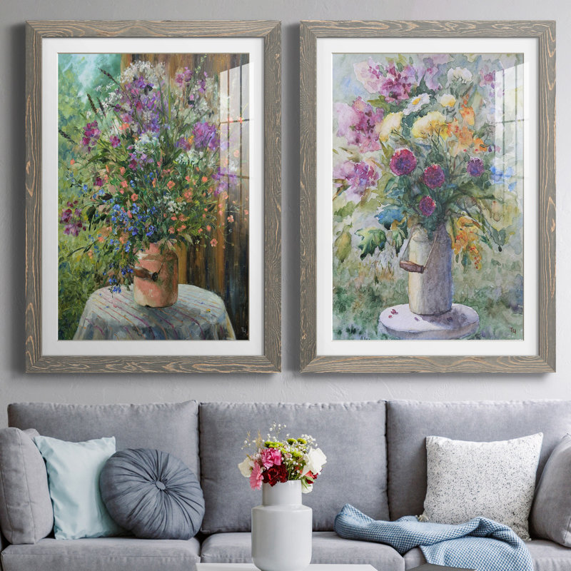 Farmhouse Bouquet - ensemble de 2 reproductions d'art, H 31,5 po x l 47 po x P 1,5 po, Cadre en papier gris, Blanc