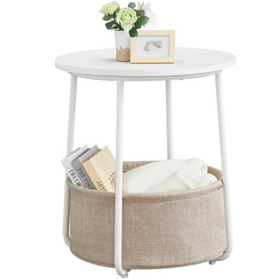 18" W Round End Table with Fabric Storage Basket, Modern Nightstand for Small Spaces, White and Brown