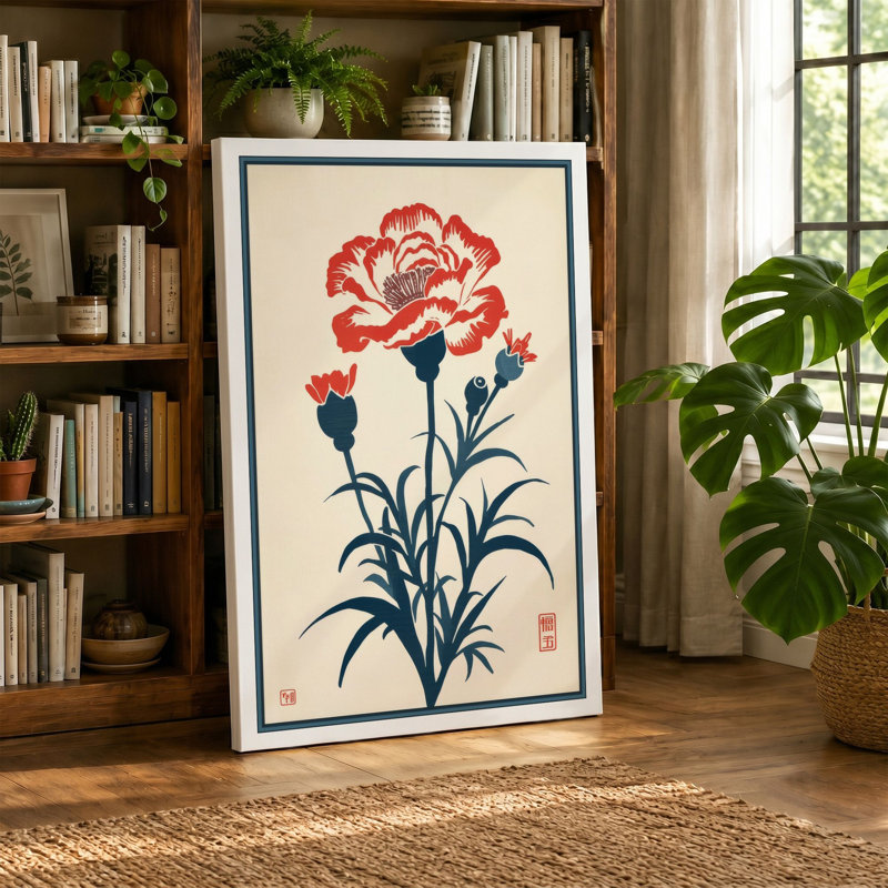 Carnation in Red Botanical - Wrapped Canvas, 36x24 - 91.4 x 61.0 cm, Black Border
