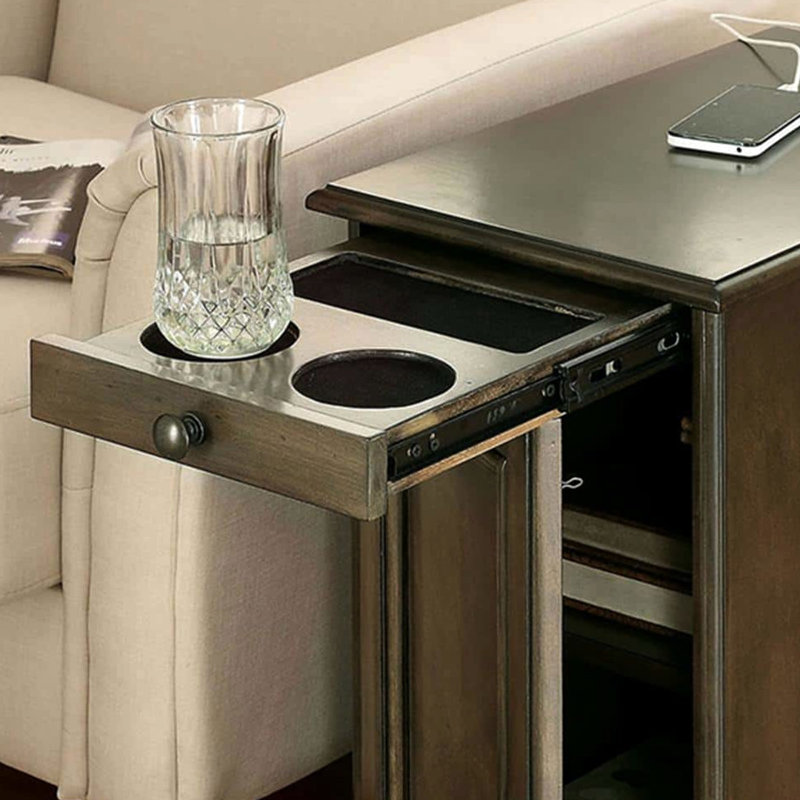 Table d'appoint moderne grise avec porte-gobelet - table de chevet multifonctionnelle H 24 po gris sidéral, Gris