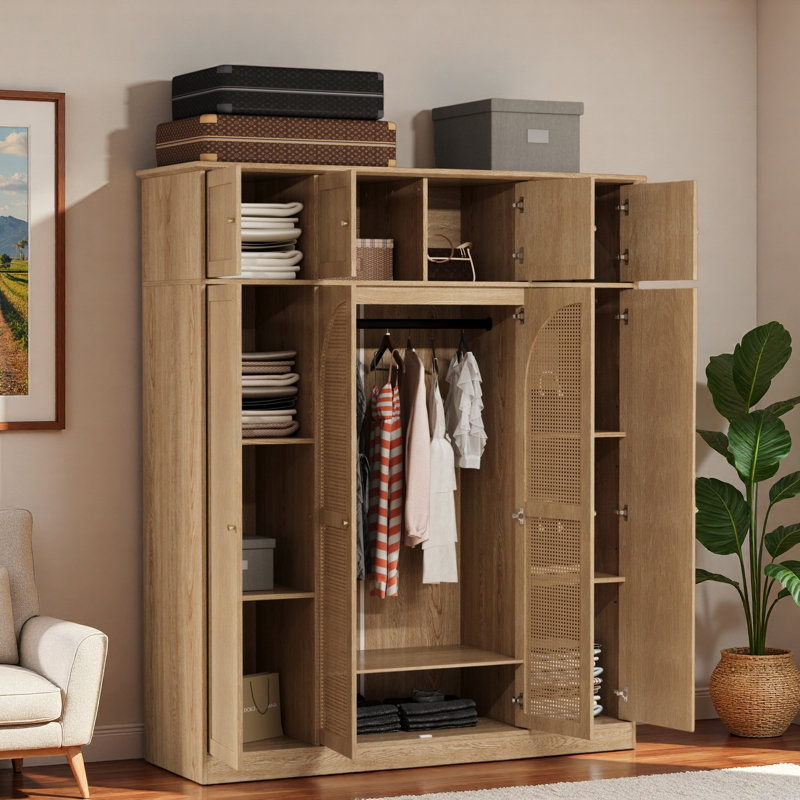 Armoire-penderie à grande capacité avec tringle, tablettes réglables et portes décoratives en rotin, Naturel
