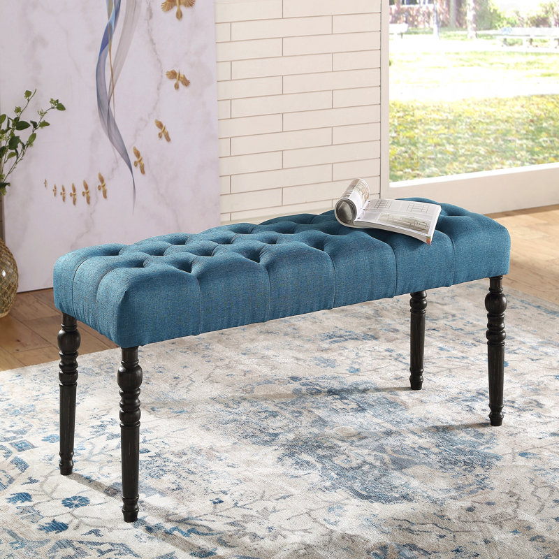 Banc de salle à manger - Siège rembourré en tissu, pieds tournés en bois, Bleu