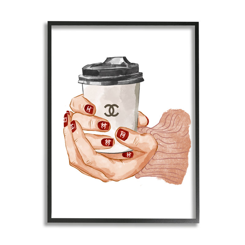Mains tenant une tasse de café, L 16 po x H 16 po, Giclée encadrée noir minuit