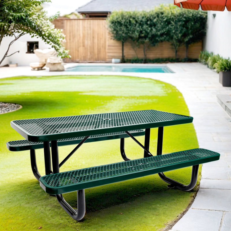 6 pi Table de pique-nique rectangulaire en acier pour l'extérieur avec mât de parasol vert