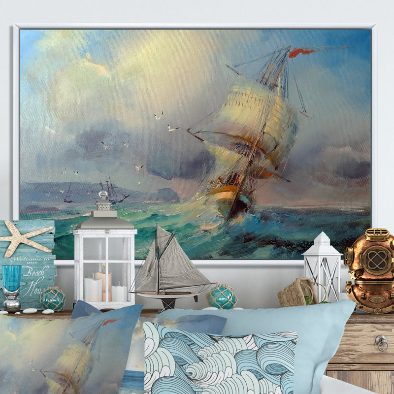 Vieille Bataille Navale de mer - on, H 8 po x l 12 po x P 1 po, Toile avec cadre flottant blanc