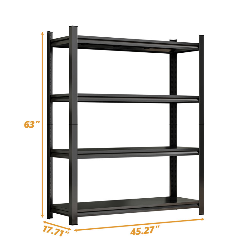 4 Height-Adjustable Metal Storage Rack, 63" H, 45.15" W, 17.7" D, Black, Stable & Strong, 1600 Lbs Total Capacity, Quick Installation Vertical Adjustable Tall, Wide, Deep, Spacious, Supports 400 Per