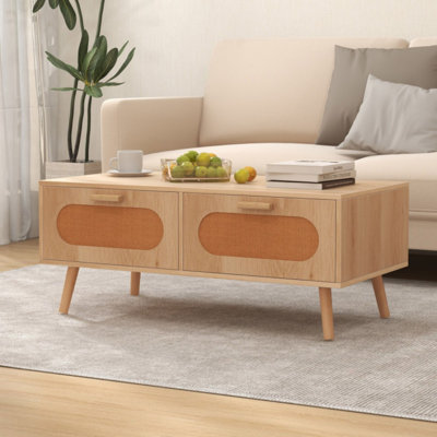 Table basse en rotin de style Mid-Century avec 2 tiroirs de rangement