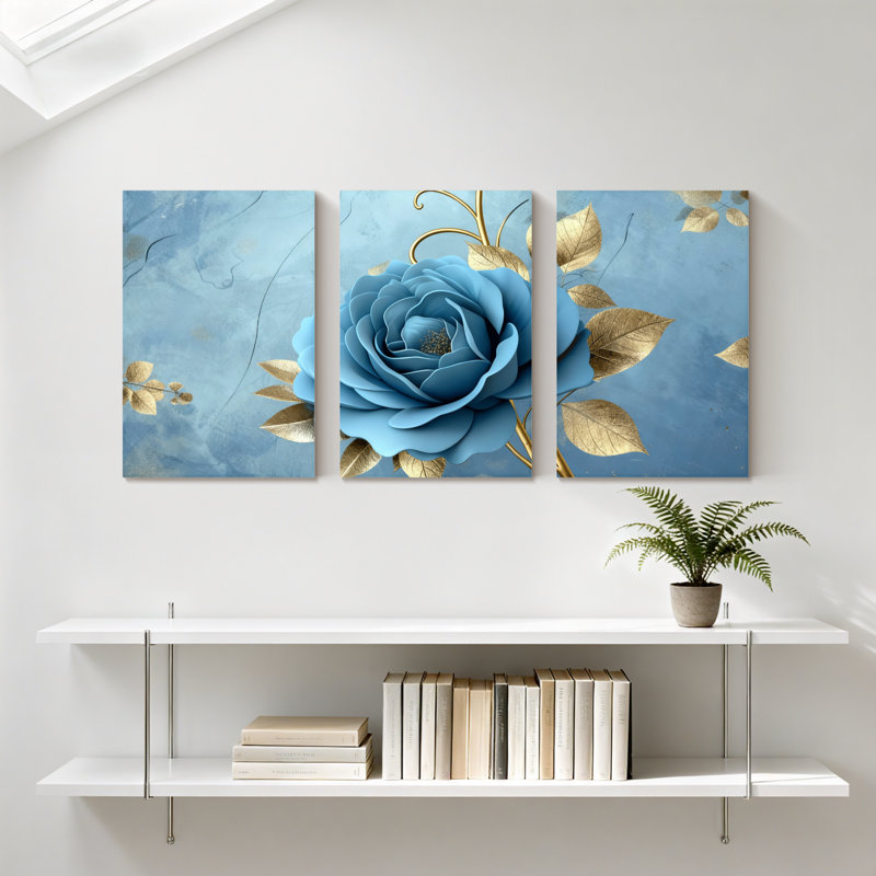 Pivoine, rose bleue avec motif de feuilles d'or, ensemble de 3 impressions sur toile, H 24 po x l 48 po